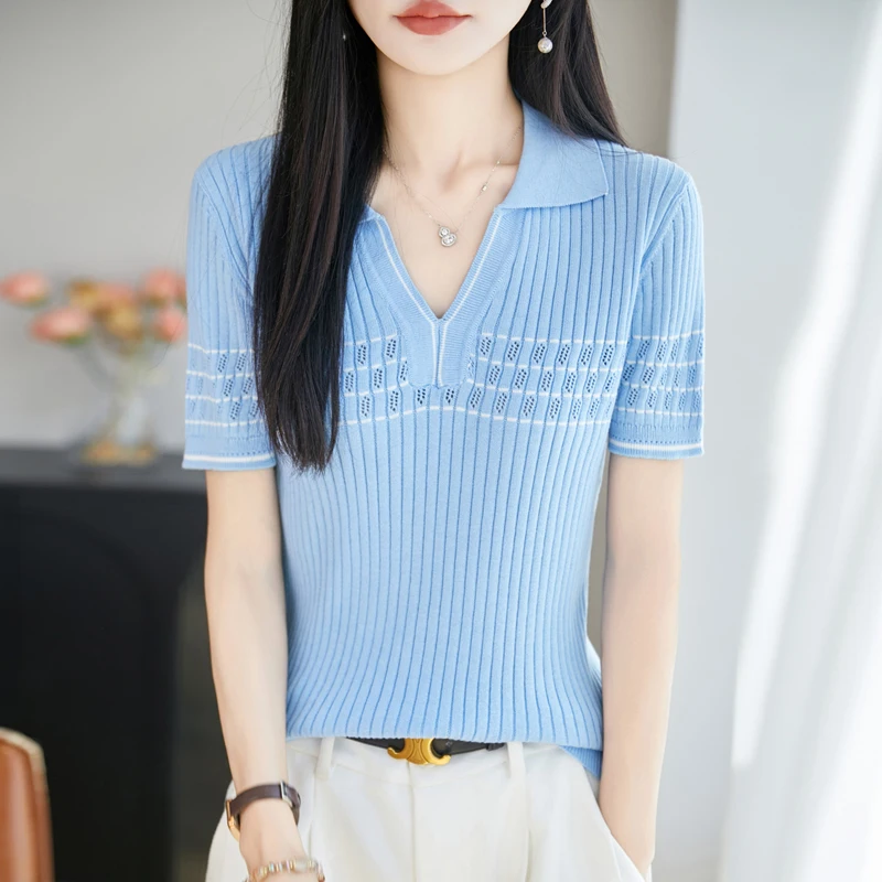 Summer Women's 100% Cotton T-shirt Casual Vertical Stripe Knitted Short Sleeve Set Head Seagull Neck Tees Slim Fashion Tops