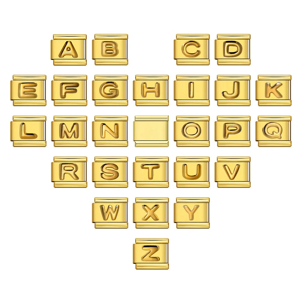 Modische italienische Glieder passend für 9mm Edelstahl in Goldfarbe, 26 englische Buchstaben A-Z Anhänger Schmuck für Damen und Herren, DIY Armbandherstellung. – Detail 1