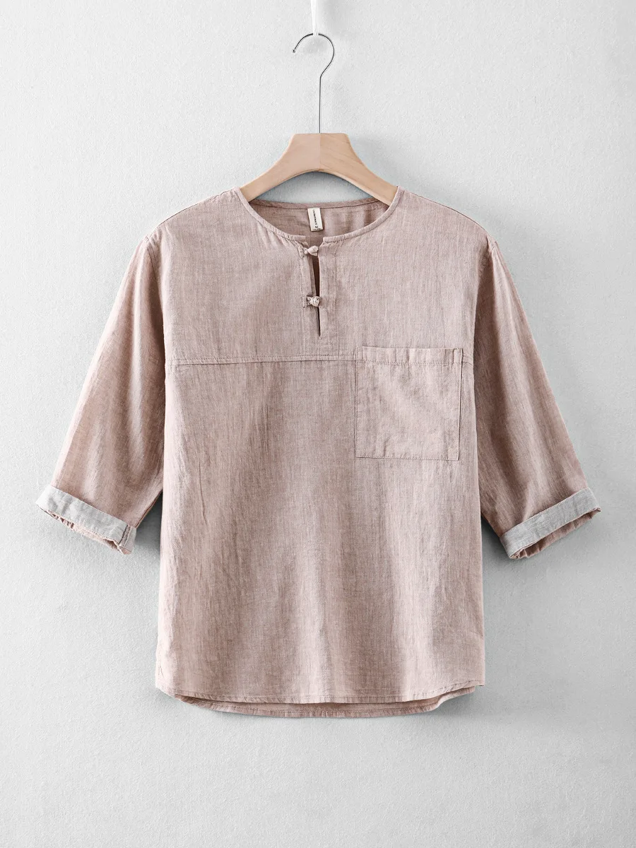 Summer Chinese Style Vintage Shirts Stand Collar Solid Color Cotton T-Shirts For Man Short Sleeve Simple Casual Pullover Male