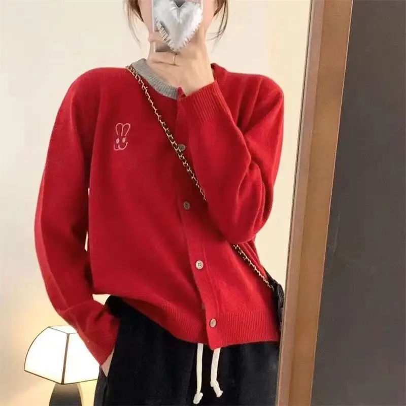 Indie, Sweet and Cute Gentle Women's Wool Cardigan Rabbit Embroidered Crew Neck Single-Breasted Coat Fashion