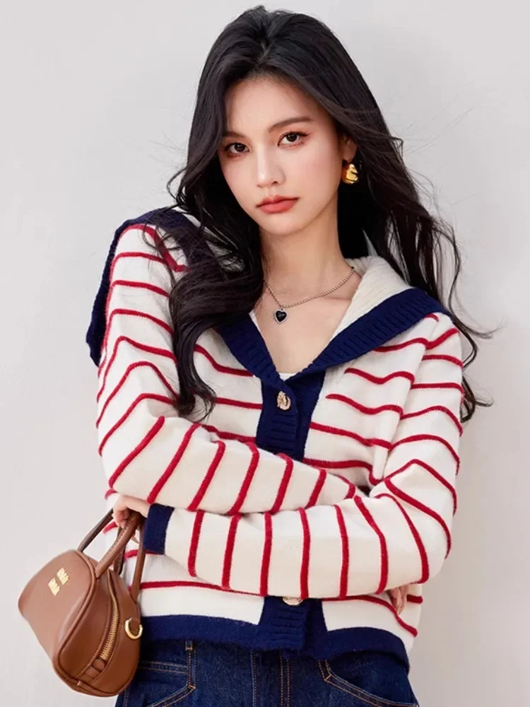 2024 New Sailor Collar Single-breasted Knitted Cardigan Women Lapel Striped Sweater Autumn Fashion Casual Coat Sweet Korean Tops