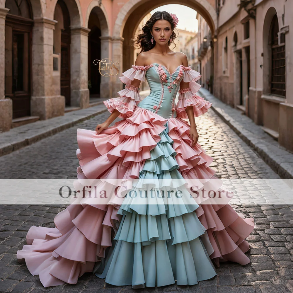 Affordable Flamenco Pink Blue Prom Dress 2025 Mermaid Ruffled Evening Dress Long Sleeve Formal Vestido De Gala Customized