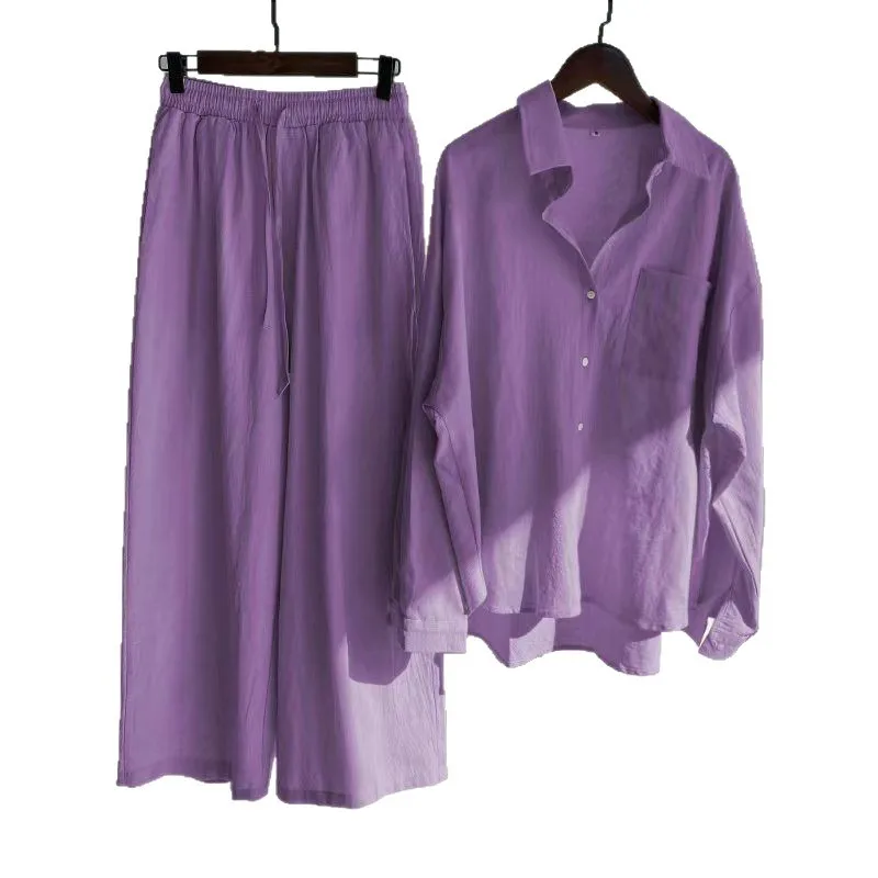 

Женский комплект из хлопка и льна большого размера в стиле ретро, свободный длинный модный костюм из двух предметов с высокой талией, зимняя коллекция, длинные рукава