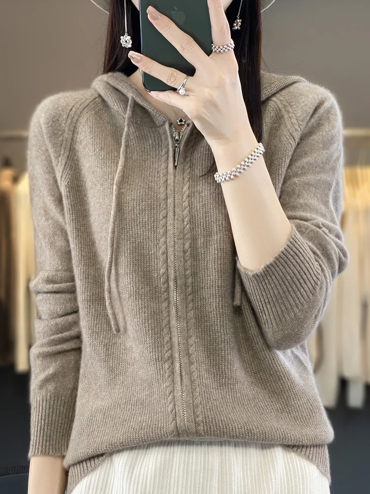 Addonee Women Hoodie Cardigan Zipper 100% Merino Wool Sweater Long Sleeve Casual Loose Cashmere Knitted Coat Korean Fashion Tops