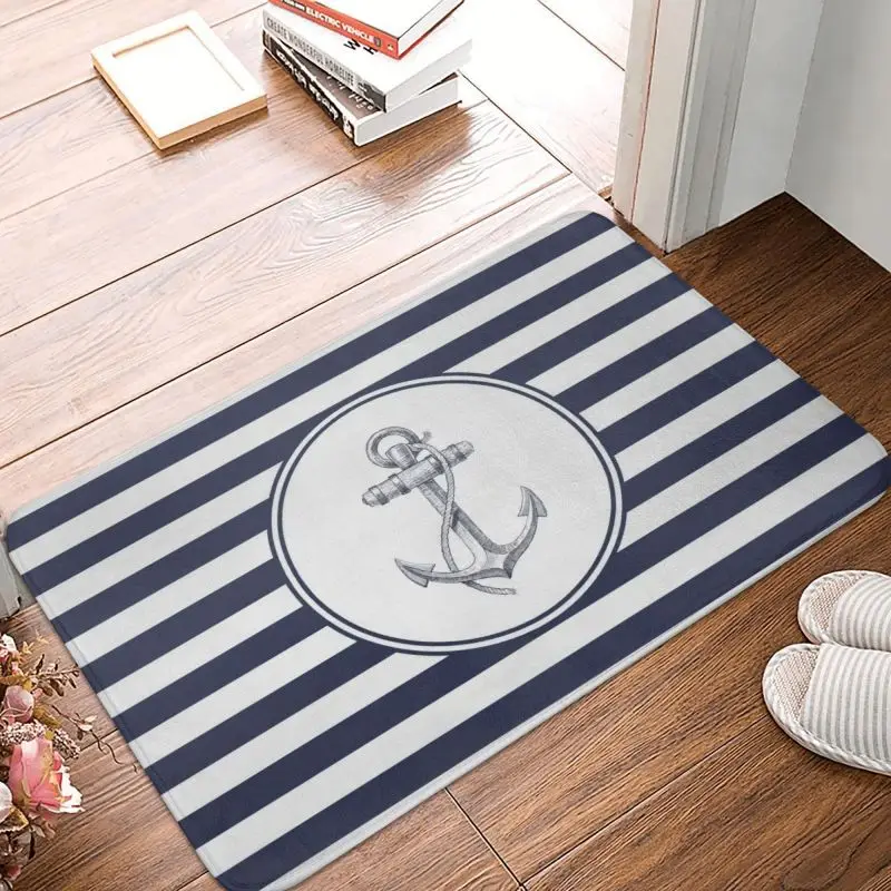 Custom Navy Blue Stripes Nautical Anchor Door Floor Kitchen Bath Mat Anti-Slip Doormat Bedroom Balcony Entrance Carpet Rug