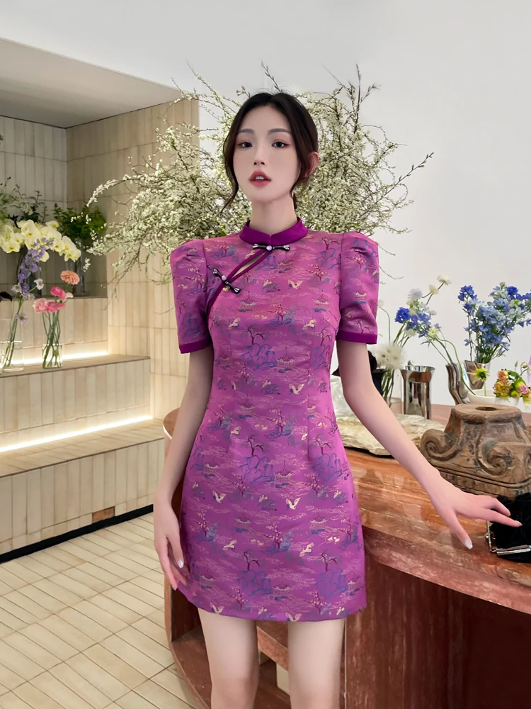 

Traditional Hand Embroidered Dr Spring Summer New Sle Chinese Lacape Painting Beadwork Side Buttoned Gown