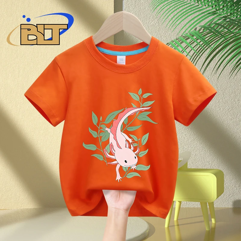 Camiseta con estampado de dibujos animados Axolotl para niños, tops informales de manga corta de algodón para niños y niñas, Verano