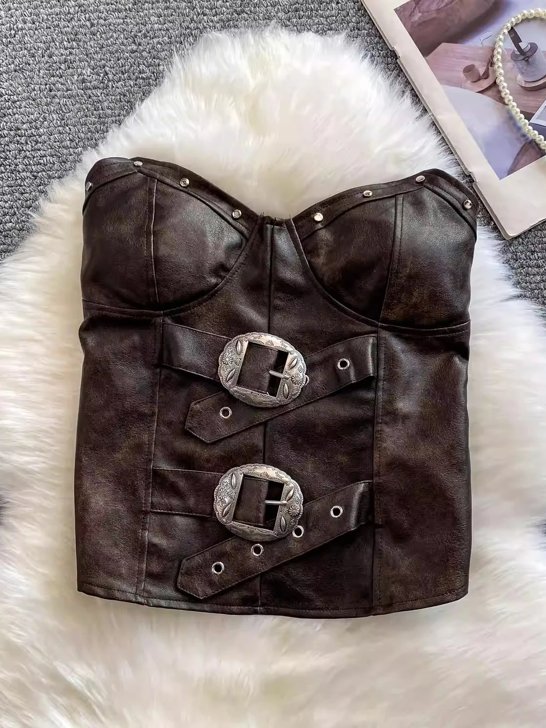 Ele Retro Button-Up Tube Top Vest Donna Dimagrante PU Pelle ort irt Sli High-End Feel Cinese Faion Estate 2025