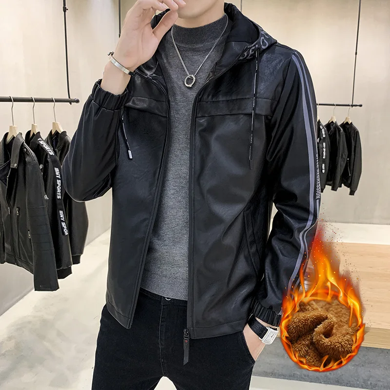 

New Autumn Spring Men's Casual Coat Stand Collar Hooded Pu Leather Short Jacket Fashion Wear Trendy Male Clothing Size M-4Xl