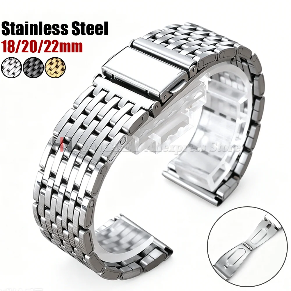 Bracelet de montre en acier inoxydable, 18mm, 20mm, 22mm, boucle pliante pour Seiko, Omega, bracelet de montre universel, argent, remplacement des ceintures