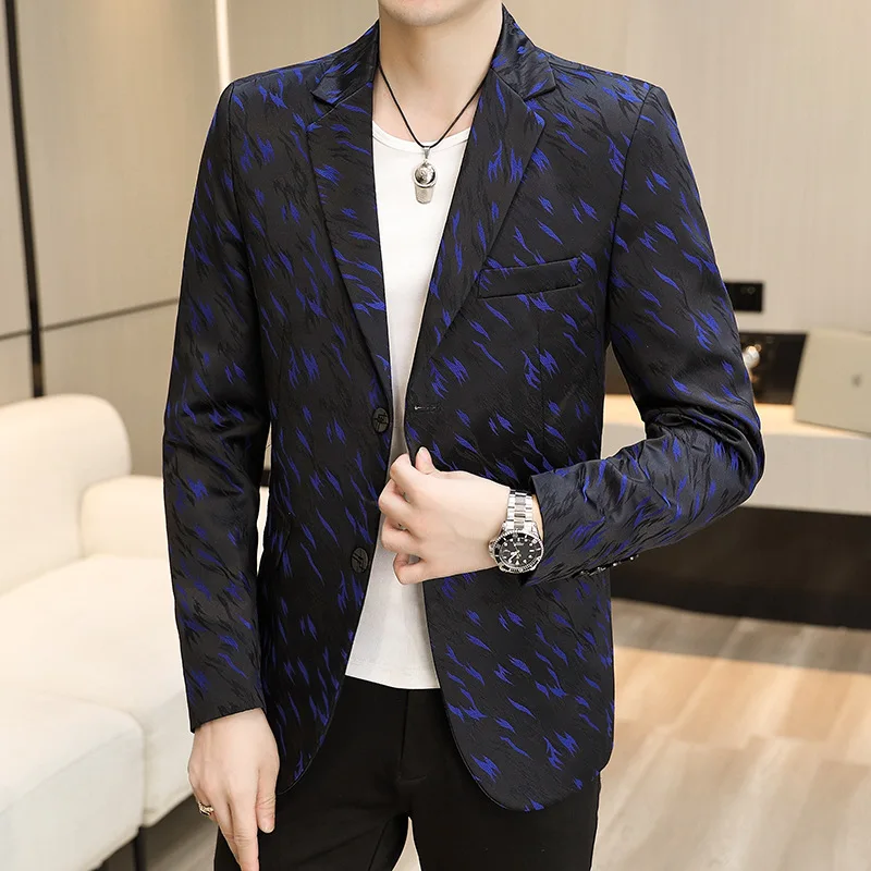 HOO 2023 Men's Autumn New Printed blazer Youth Jacquard Slim Fit Leisure   blazer