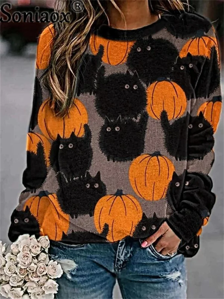 2022 Autumn Women New Halloween Cat Printed Sweatshirt Ladies O Neck Long Sleeve Casual Loose Hoodie Streetwear Pullover Tops