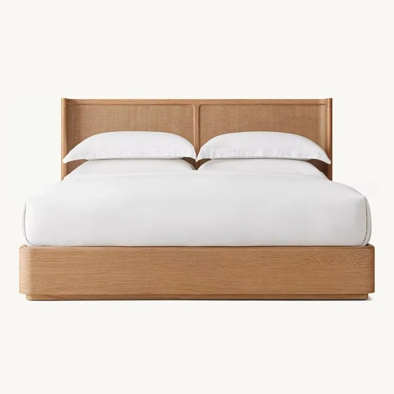 2025 French solid wood king platform headboard with storage and woven rattan board