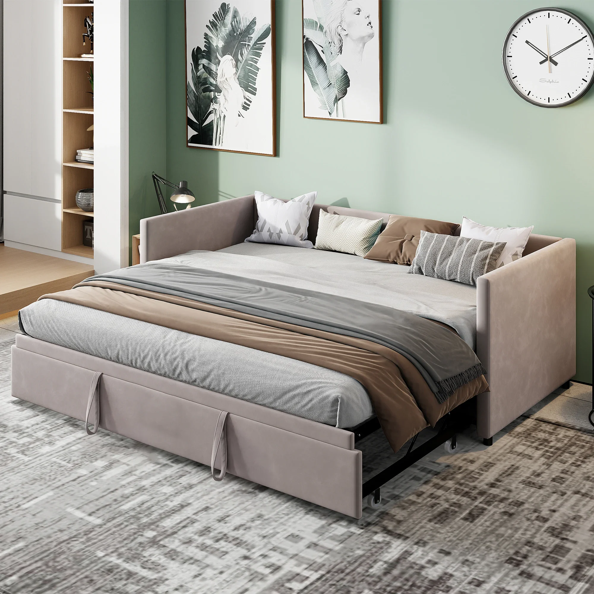 Fangange Polsterbett 90/180x200 cm, ausziehbares Schlafsofa mit ausziehbarem Bett, Boden-Futon-Schlafsofa, 3-in-1-Convertible-Daybed mit Lattenrost, Schlafzimmermöbel, Doppelbett & Einzelbett, ohne