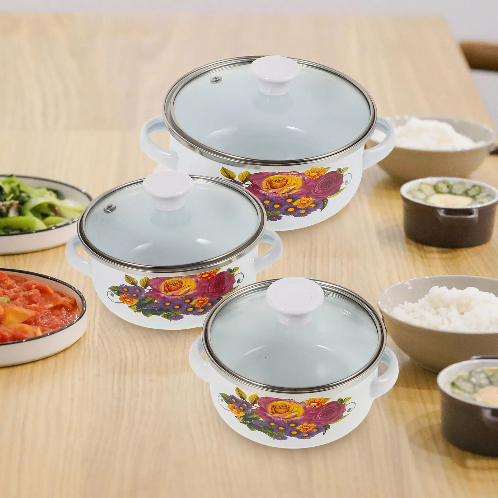 

3 Pcs Mini Soup Pot Set 12-14-16cm Retro Enamel Cookware Double Handles Small Saucepan Milk Pot Smooth Surface Easy Clean