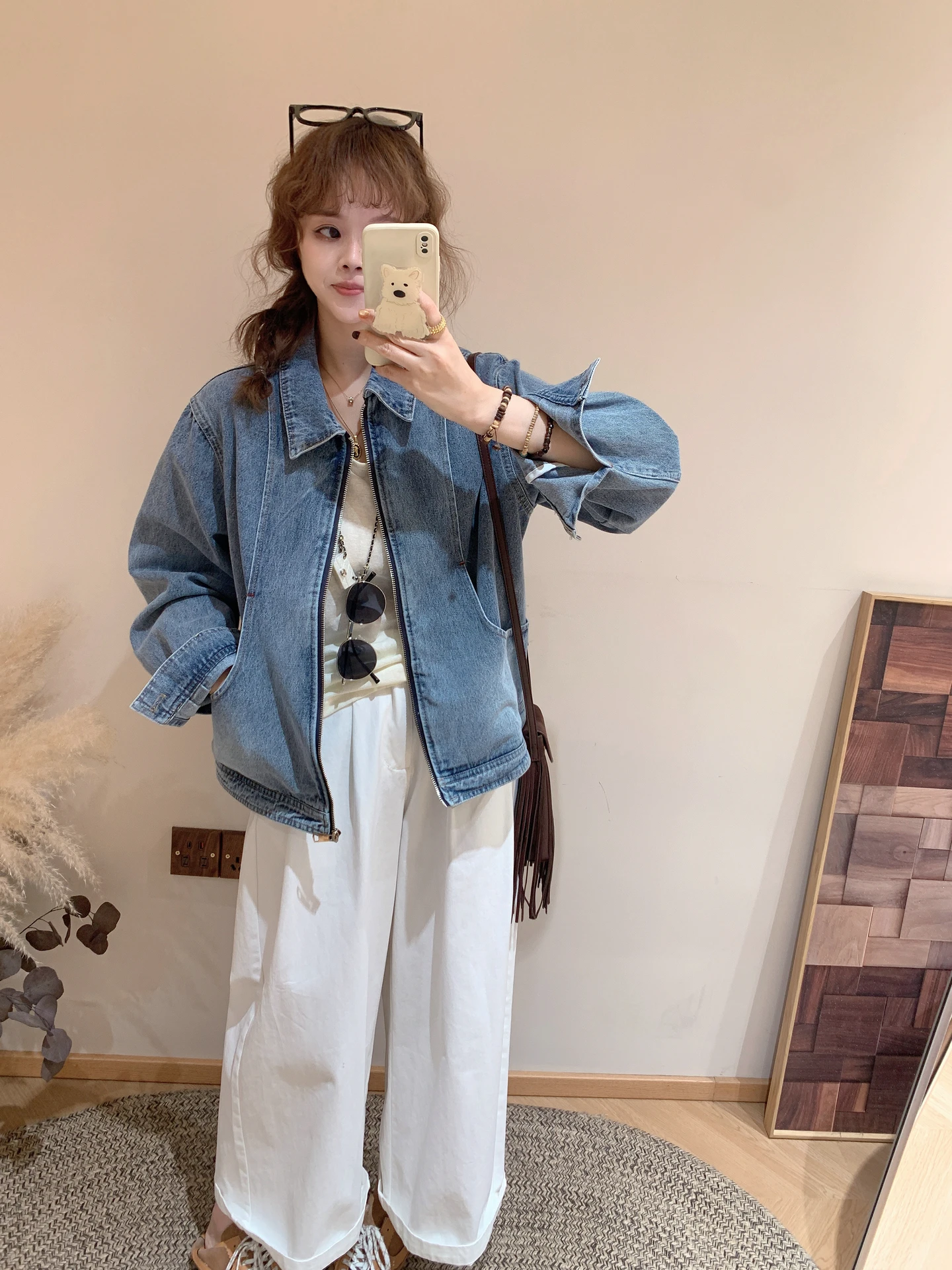 

Early Spring New Sle Hong Kong Retro Zipper Denim Jaet Women Loose Collar ort Casual Top Small Size Ladies Faion