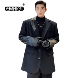 Men Fashion Show Korean Leather Splice Oversize Loose Casual Finger Sleeve Suit Jacket Blazer Man Vintage Streetwear Blazer Coat