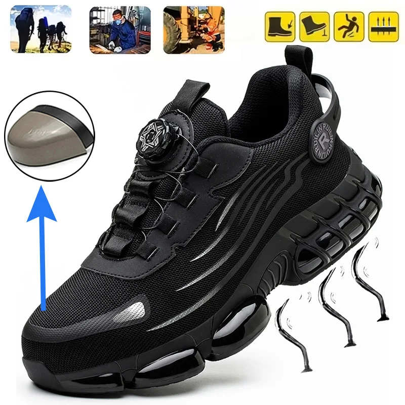 Rotating Button Work  Shoes Men Steel Toe Safety Boots Anti-Smash Anti-Puncture Safety Boots Air Cushion Men's Sports Shoes ﻿