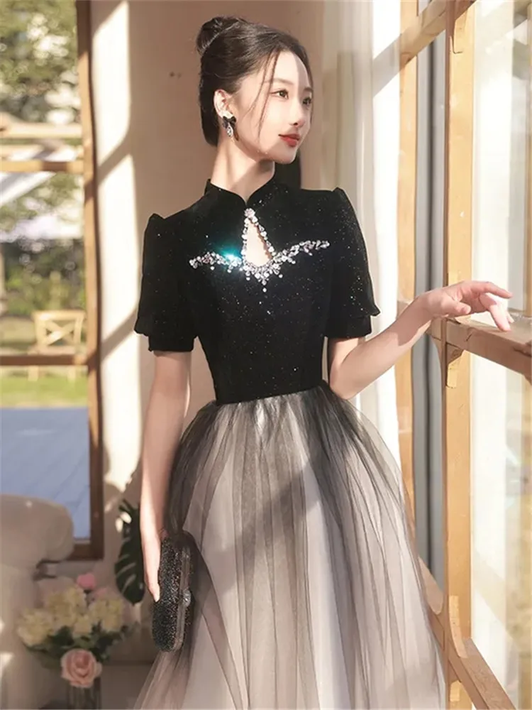 Black Dress for Women Summer New Splicing Nail Sequin Stand Collar Net Yarn Short Sleeve Long A-line Skirt Female Clothing M098