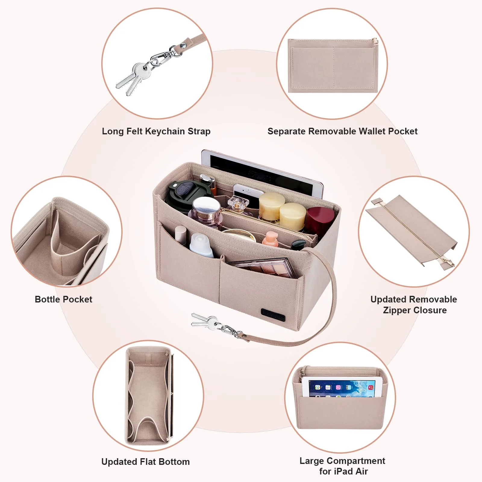 Ropch Felt Handbag Organizer with Inner Storage Bag, Zipper and Key Ring