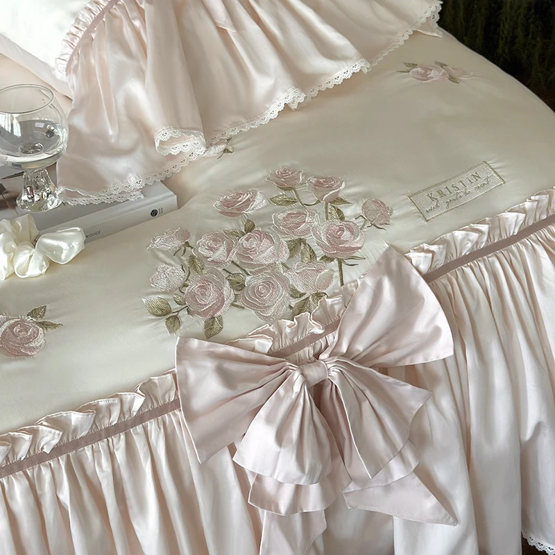 Rose Flowers Embroidery Bedding Set Luxury Bow Princess Duvet Cover Bed Sheet Pillowcases Super Soft Lyocell Cotton Bedclothes