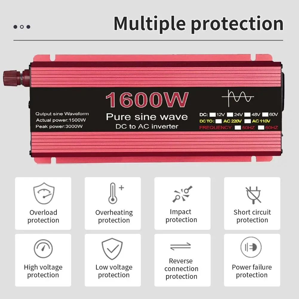 Pure Sine Wave Inverter DC 12V/24V To AC 110V/220V 1000W 1600W 2000W 2200W Portable Power Bank Converter Solar Inverter