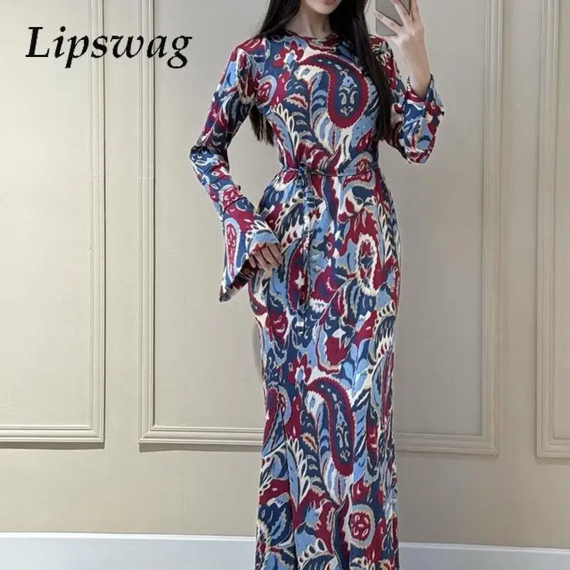 

Women French Flare Long Sleeve Draped Long Dress Elegant Mermaid Lace-up Party Dress Fall 2024 Floral Print O-Neck A-line Dress