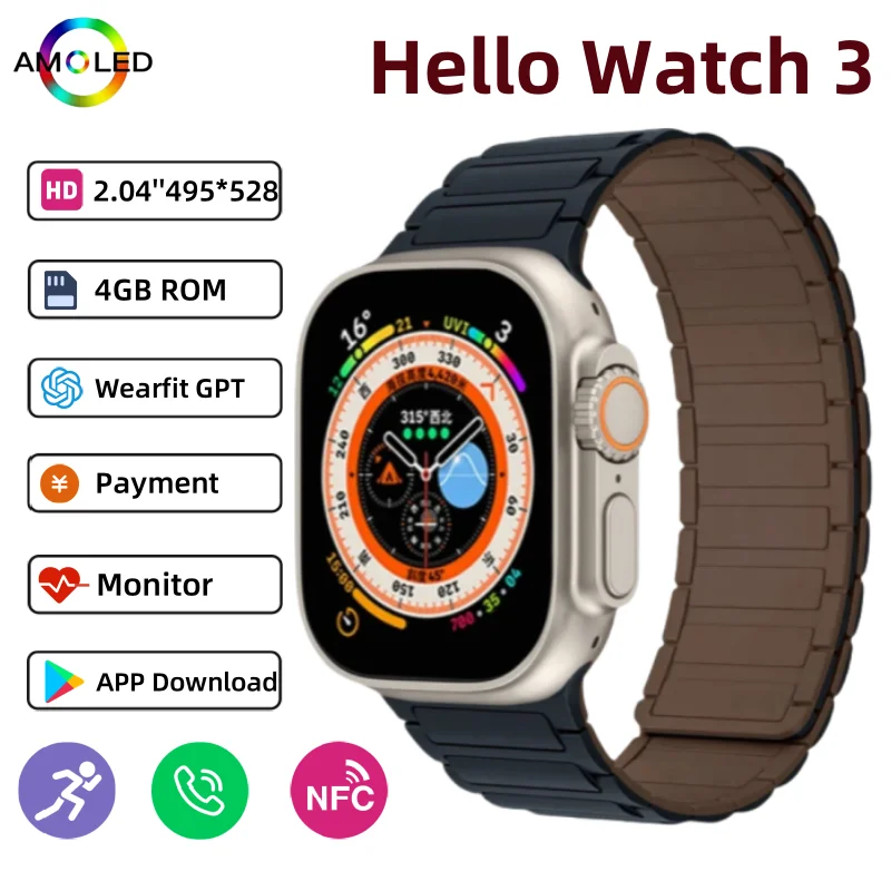 

2025 Hello Watch 3 Plus Ultra Upgrade SmartWatch Оригинальные 49 мм AMOLED 4G ROM NFC GPT Компас Фотоальбом Местная Музыка Мужские Часы