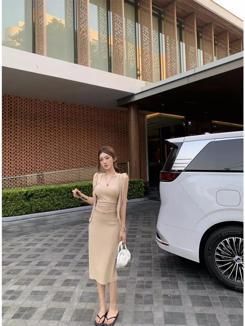 

Fashionable Summer Outfit Set Women's Long Sleeve Open Cardigan Strap Halter Skirt Three Piece Set Elegant Maturity Style