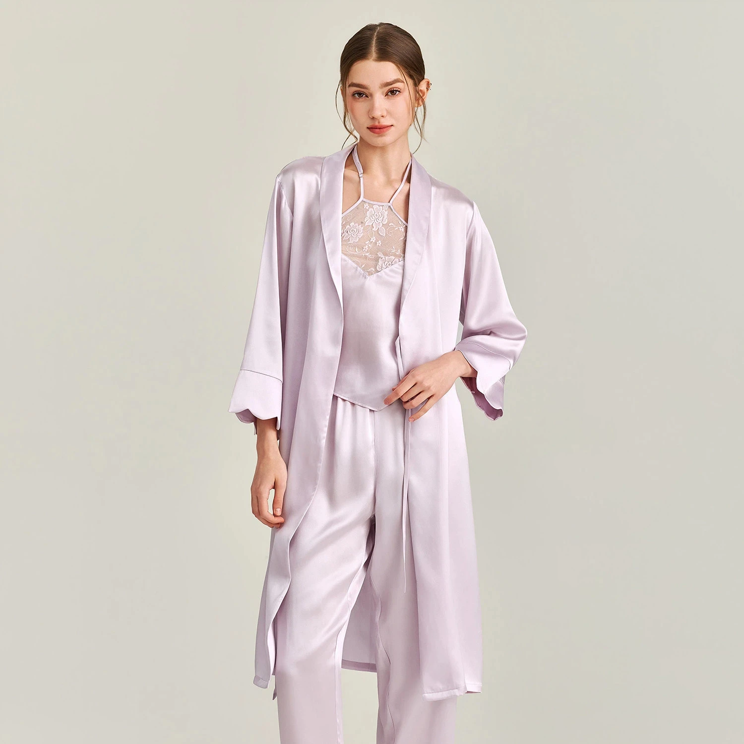 100% Silk Women Pajama 3 Piece Set Lace Halter Cami Top Pants Long Robe Sleepwear Sexy Bridal Wedding Nightwear Bathrobe Suit PJ