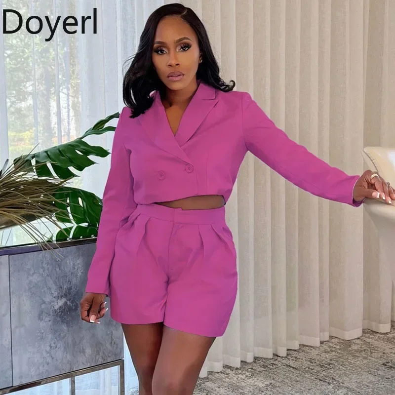 Doyerl Office Lady Short Sets Woman Clothing 2 Pieces Set Elegant Double-breasted Blazer Coat and Shorts Work Wear Matching Sets