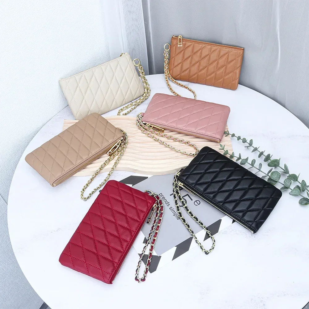 

Leather clutch bag Women's Diamond check fashion embroidered long wallet Multi-functional mobile phone storage chain wallet