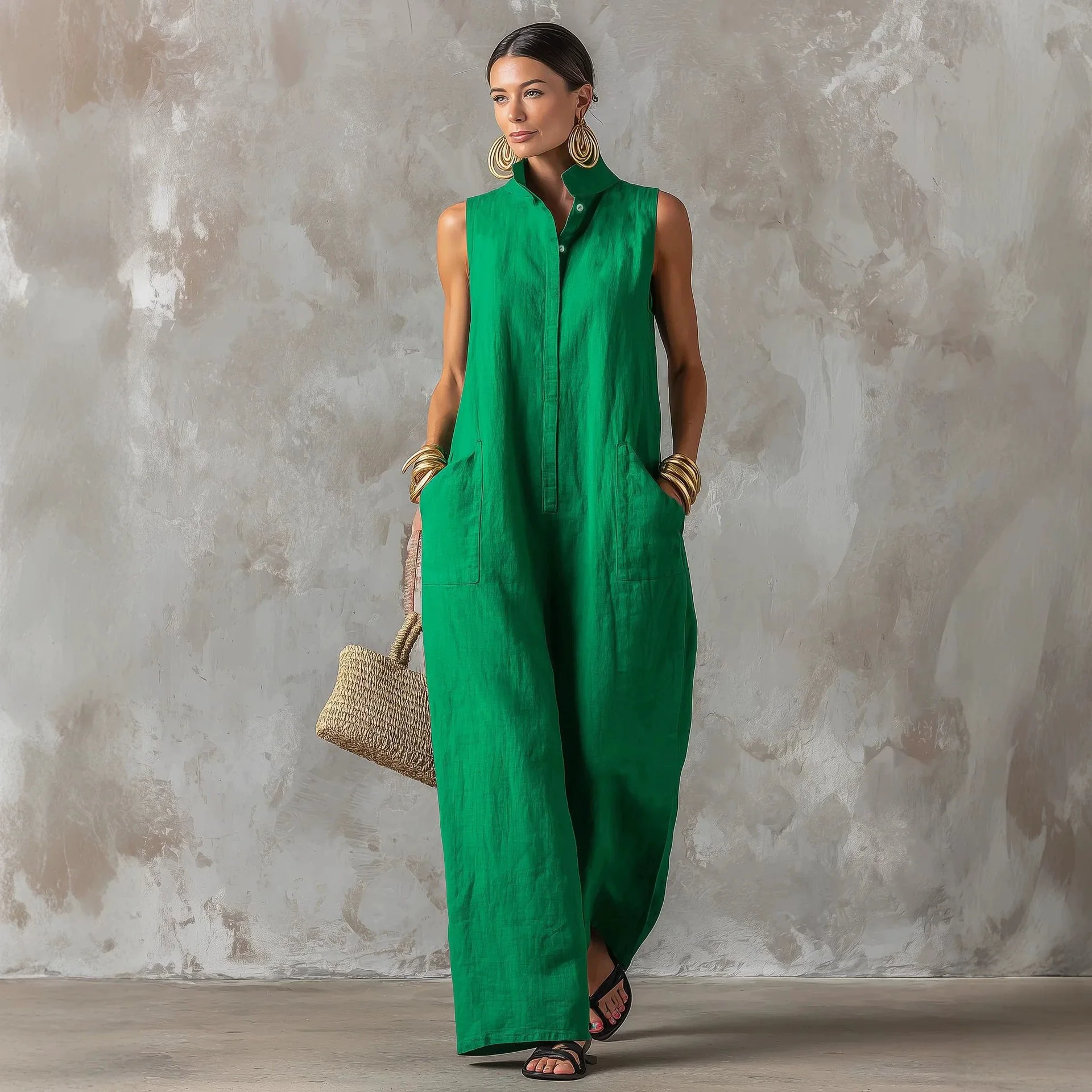 Jumpsuit Linen Relaxed - Linen Blend Jumpsuit Sleeveless Relaxed Fit