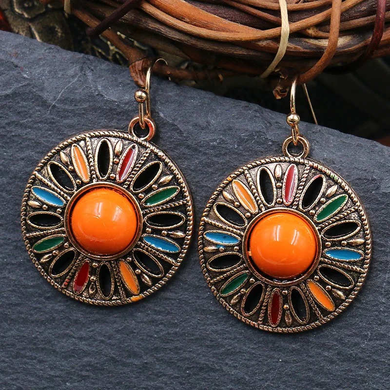 Bohemian Geometric Ethnic Jewelry Orange Women's Earrings, Ethnic Minority Jewelry Gifts