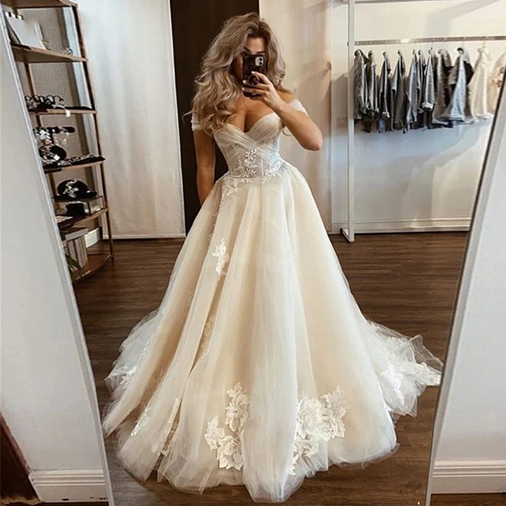 Boêmio vestidos de casamento sexy fora do ombro a linha tule renda apliques elegantes vestidos de noiva 2023 robe novia mariée