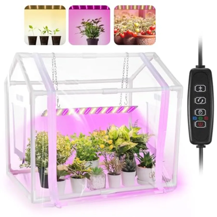 

Meonum Mini Greenhouse with Grow Light for Indoor Use on Tabletop: Compact 23.6 x 15.7 x 19.6 Inches Small Greenhouse Kit Featu