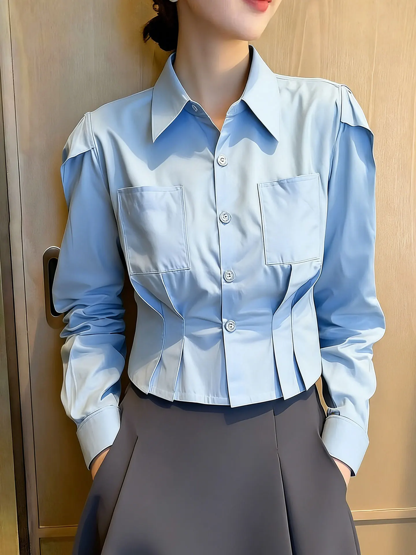 

Ele Korean Sle Long Sve Collar irt Single Button Versatile Spring Faion Top Quali Silk Material Commute F...