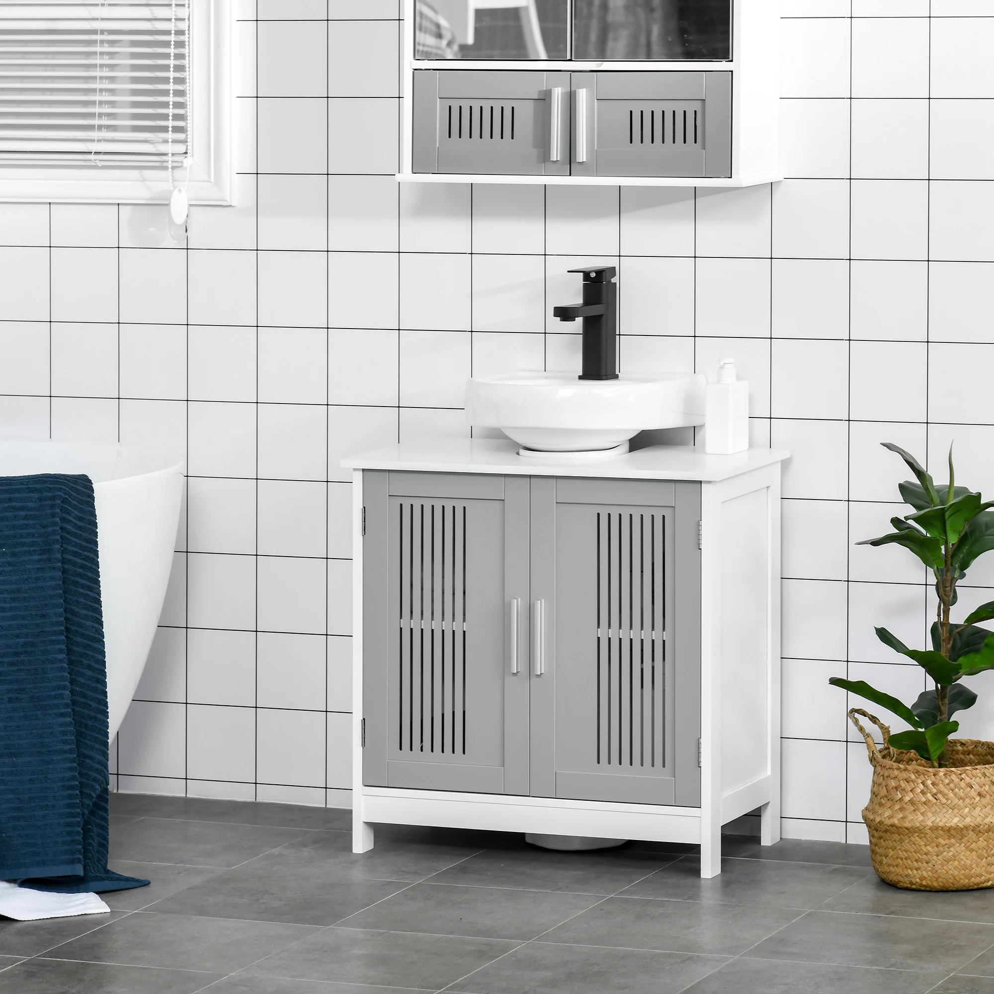 kleankin Bathroom Pedestal Under Sink Cabinet with Storage Shelf, 2 Doors, Grey