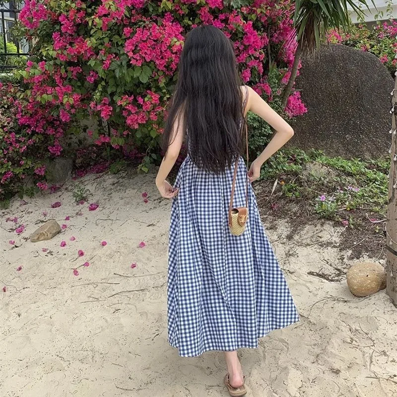 Plaid Long Women Summer Strapless Beach Style Korean Loose Slim Sexy French  Retro Zipper A-line Sleeveless Hotsweet Cozy