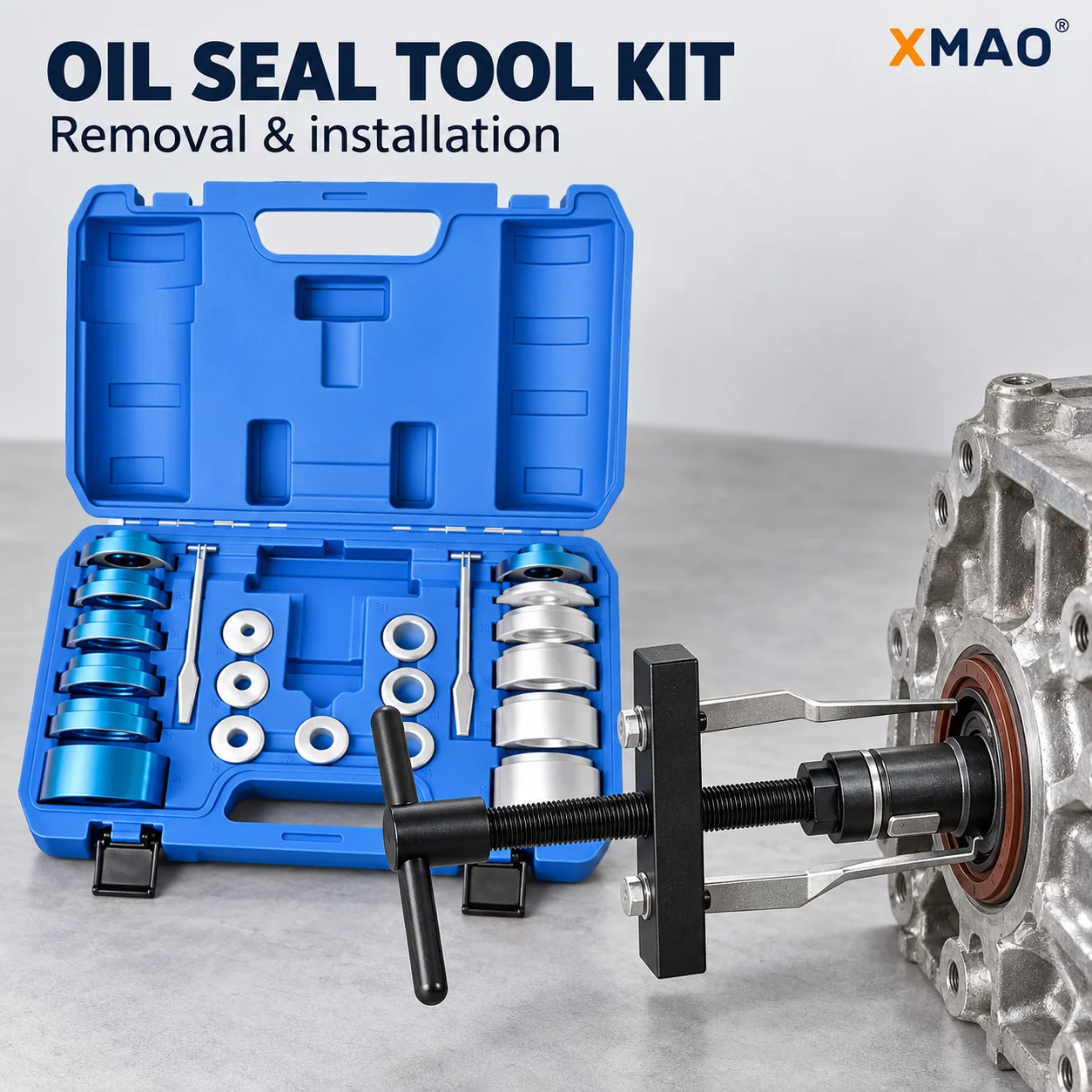 XMAO Crankshaft Oil Seal Puller and Installer Tool Kit with Twin Hooked Legs and Stepped Adapter Rings for Engine Seal Service