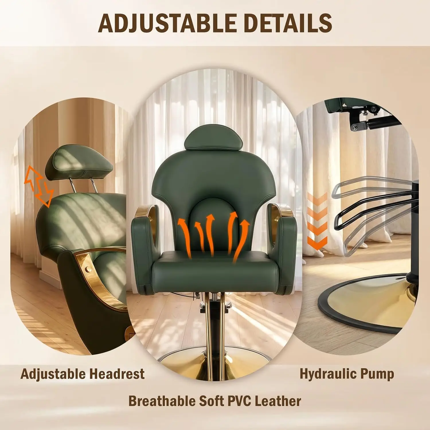 Salon Chair for Hair Stylist, Barber Salon Chair Reclining Hairdresser Chair with Hydraulic Pump, 360 Swivel Styling Braiding Chair for Home Barbershop, Tattoo, Shampoo, Spa, Green Gold - view 7