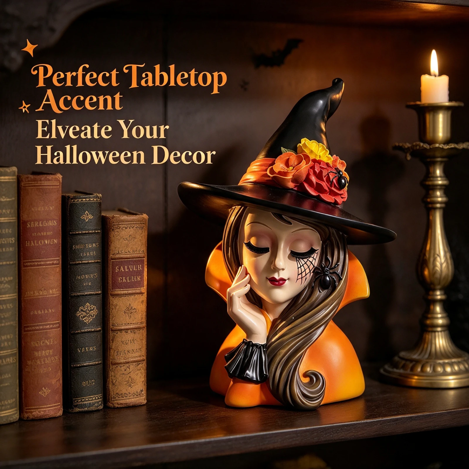 Gothic Witch Bust Statue Resin Sculpture Orange Long Hair Wizard Hat Halloween Home Tabletop Decoration Gift Ornament Figurine