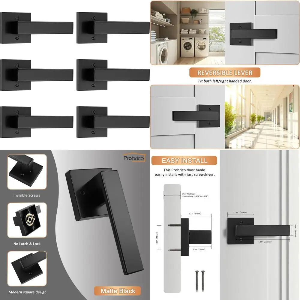 

6-Pack Non-Turning Square Dummy Door Levers for Closets and French Doors, Black Finish, Easy Install, Single Side Pull Set