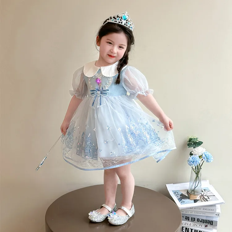 Vestido Elegante de Princesa para Meninas Pequenas, Novo Estilo de Verão, Saia de Fada com Manga Curta, Roupas Infantis, Esti...