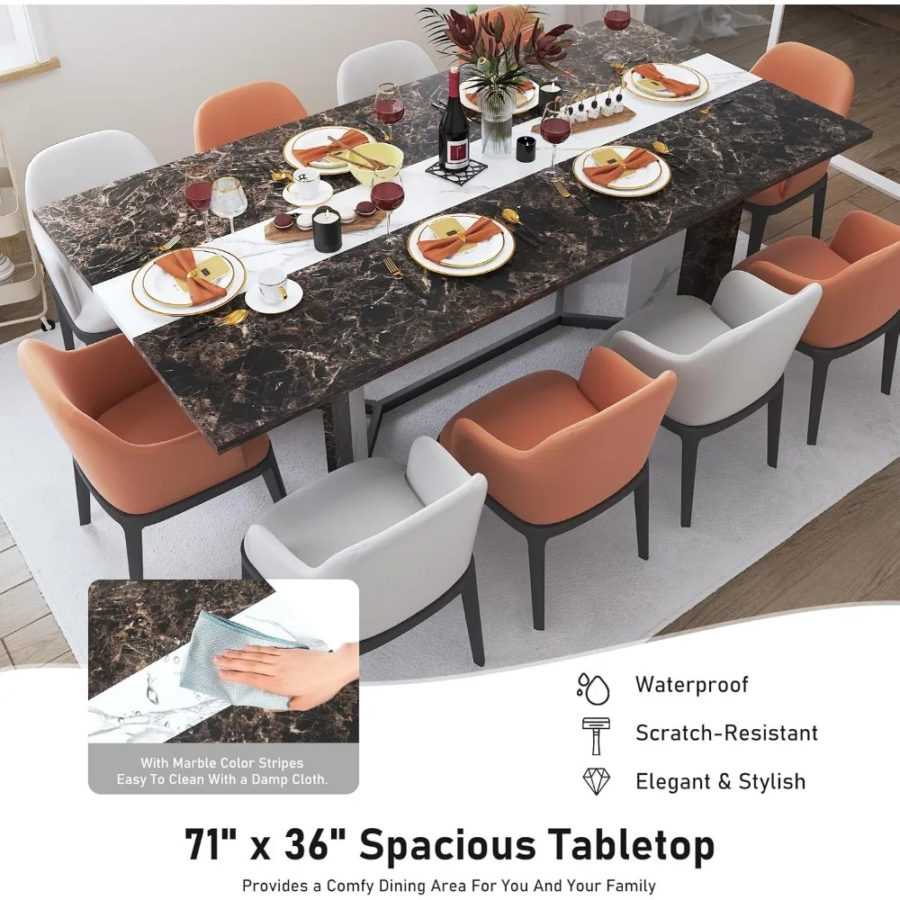 Mesa de jantar retangular grande de 71 polegadas para mesa à prova de água de madeira cor de mármore, perna ajustável, mesa de jantar familiar luxuosa de 6 pés