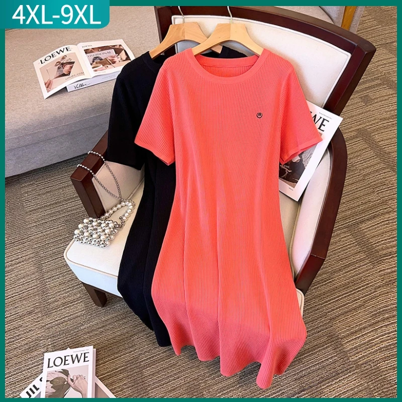 New 2023 Ladies Summer Plus Size Knit Dress For Women Large Short Sleeve Loose Red Elastic Midi Dress 4XL 5XL 6XL 7XL 8XL 9XL