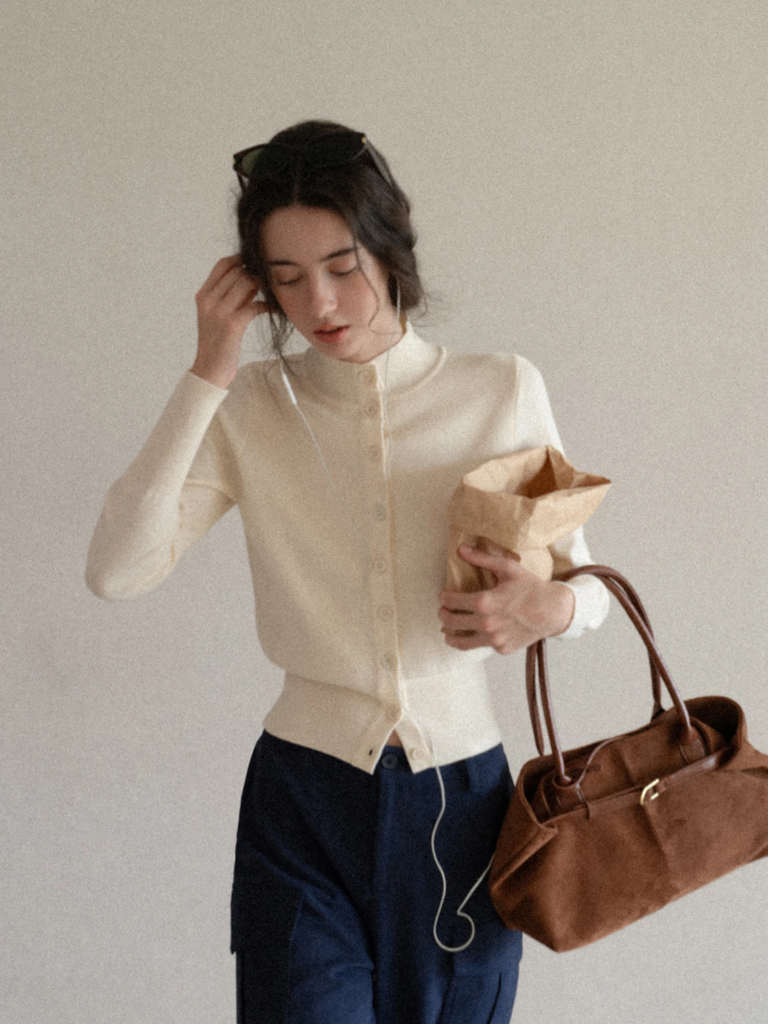 

Женский вязаный кардиган Eggka с воротником-стойкой, однотонный, приталенный, модный, с длинным рукавом, для повседневной носки, весна