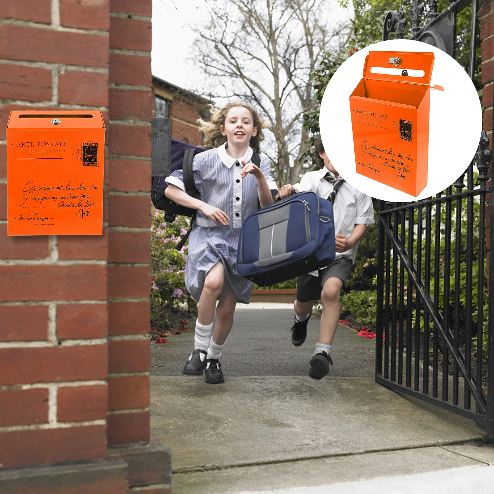 

Vintage Iron Mailbox Wall Mounted Orange Post Box for Garden Outdoor Decorative Mail Boxes with Lock Retro Mailbox