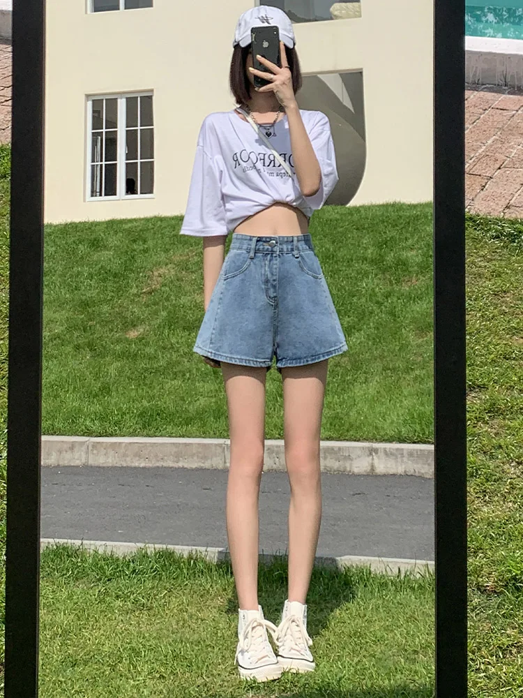 High-Waist Patchwork Denim Shorts für Damen – Sommerliche, dünne, lockere A-Linien-Hotpants in großen Größen mit weitem Bein aus Baumwollmischung, dehnbar