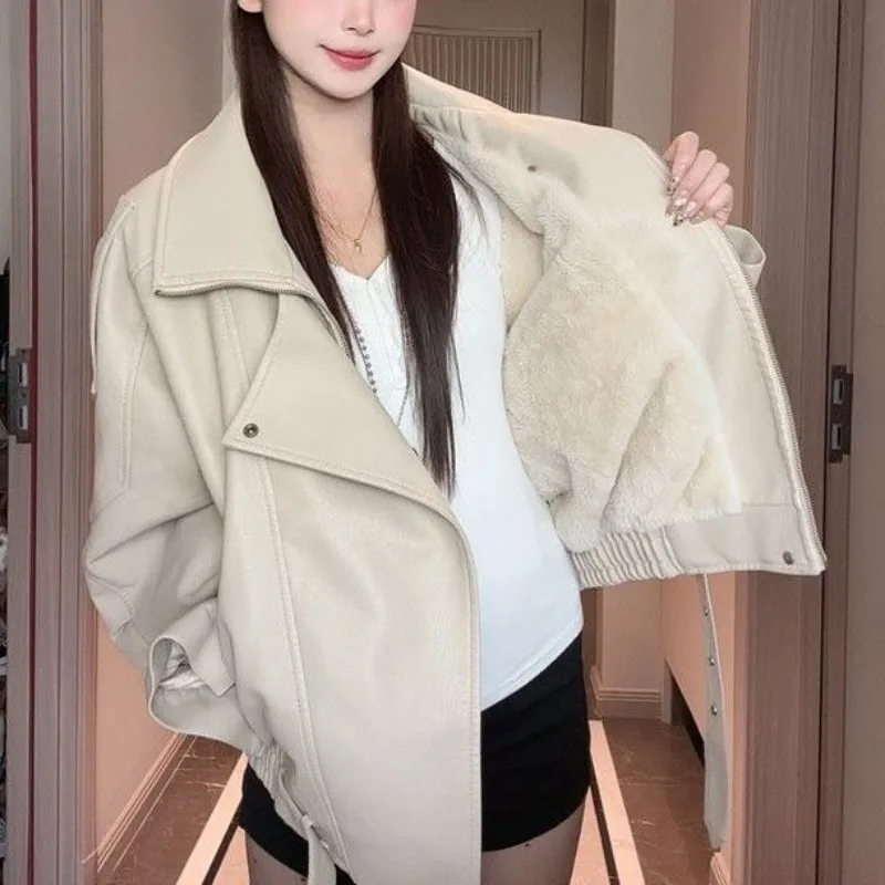 Clothes Winter Fleece-Lined Thicken Leather Jacket Women Versatile PU Leather Jacket Loose Biker Jackets Black Streetwear Design